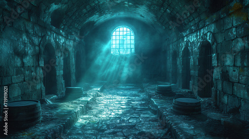 Underground old medieval dungeon jail cells, fantasy aventure tabletop role play game setting, dark and creepy rp table top background, hd