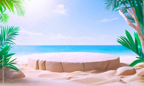 Wooden podium on sand for Summer product display on tropical beach background 