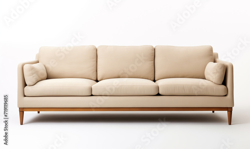 Soft empty beige sofa stands on white isolated background. comfortable fabric couch is alone against the background of white wall. copy space