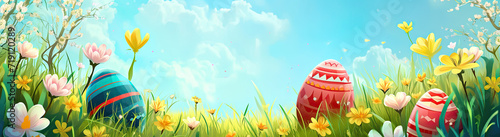 Painting of Easter Eggs in a Field of Flowers