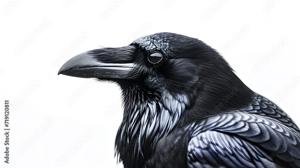 Close-up drawing of raven head isolated on a white background Close-up drawing of raven head isolated on a white background