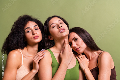 Studio photo of charming seductive women wear lingerie embracing loving themselves isolated pastel khaki color background