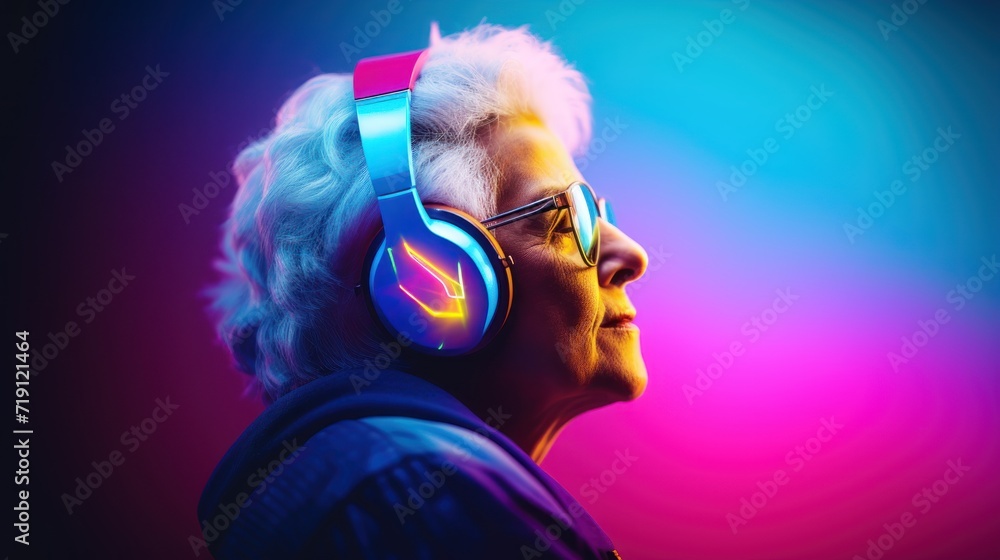 Portrait of senior woman listening to music with headphones against purple background. Hipster. Music Streaming Service Concept with Copy Space.