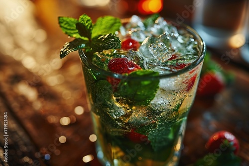 Transparent glass of a mojito cocktail with ice, strawberries and mint on a bar counter on a blurred background