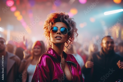 Charming young woman in a stylish outfit and sunglasses having fun in a nightclub under neon lights among dancing people