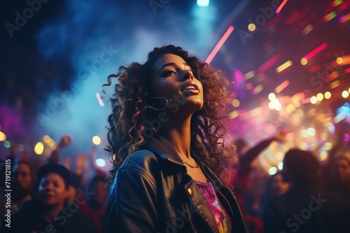 Charming curly young woman in a black leather jacket having fun in a nightclub under neon lights among dancing people