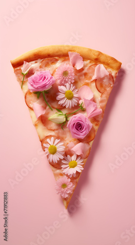 Slice of pizza with flowers.Minimal creative food concept.Top view,flat lay,copy space.Generative AI