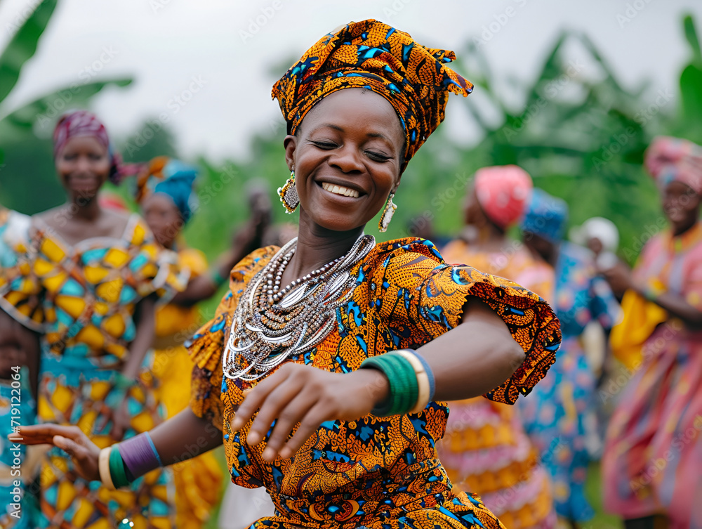 A young African woman in bright clothes and jewelry is dancing a traditional dance A young African woman in bright clothes and jewelry is dancing a traditional dance