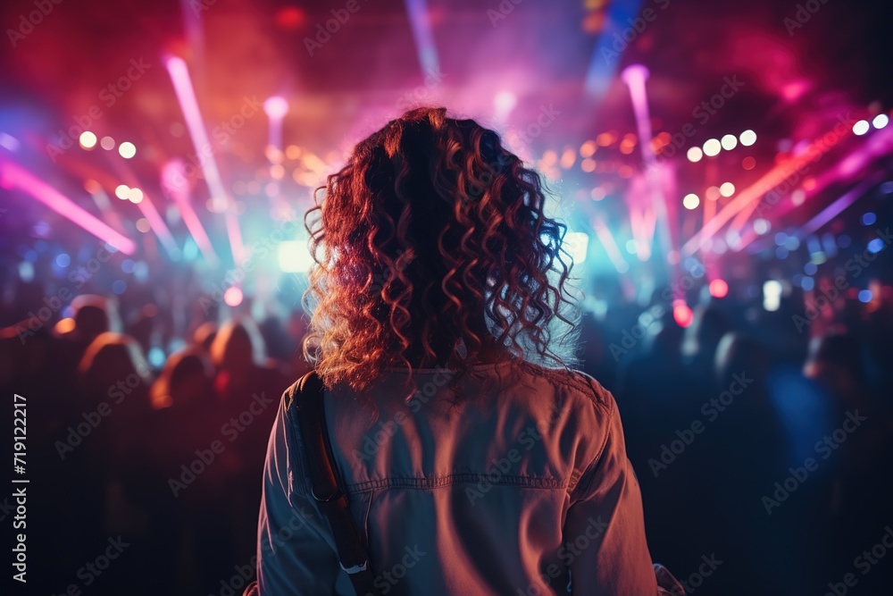 back view of a charming young woman in a jeans jacket among people dancing in a nightclub under neon lights back view of a charming young woman in a jeans jacket among people dancing in a nightclub under neon lights