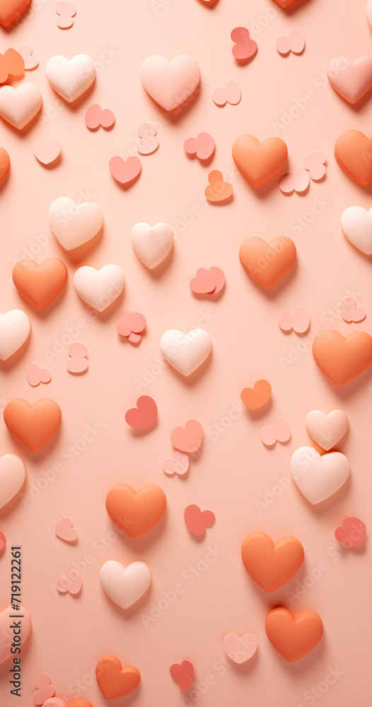Flat lay peachy hearts background.Minimal valentine's concept.Trendy social mockup or wallpaper.