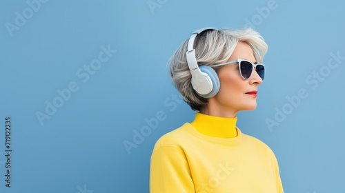 stylish woman in sunglasses and headphones listening to music on blue background. Hipster. Music Streaming Service Concept with Copy Space. © John Martin