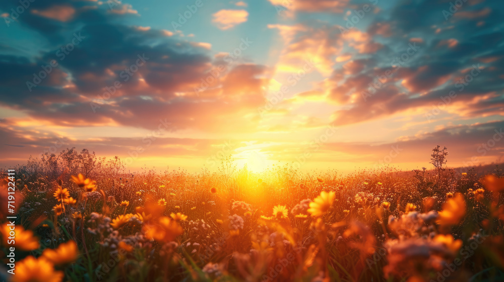 Setting Sun Over Easter Field of Flowers