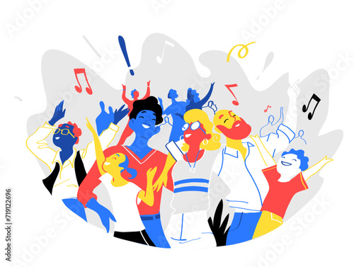 Group of people of different ages is happy to be together celebrating a special event. Happy family enjoy concert, music festival, party, show, performance, recital. Vector illustration
