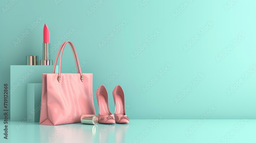Fashion accessories bag, high heels, lipstick in bag shopping on pastel blue background. 3d rendering    - obrazy, fototapety, plakaty 