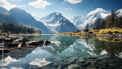 Hyper Realistic painting of Lake and mountains reflection in water, Stunning winter landscape, A serene mountain lake mirroring the snow-capped peaks. Stunning photo. Generated AI.