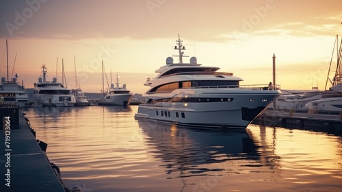 A modern, white yacht near the pier at sunset, side view. Travel and vacation © masyastadnikova