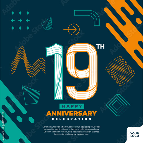 19th anniversary celebration logotype with colorful abstract geometric shape y2k background.
