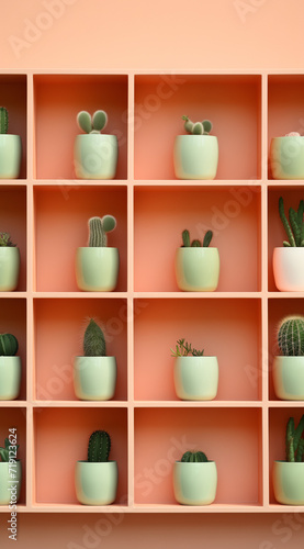Peach-Colored Potted Cacti Shelf with Peach Fuzz. Minimal Creative Nature and Interior Concept. Top View. Generated by AI © sunaiart