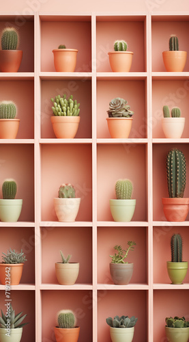 Peach-Colored Potted Cacti Shelf with Peach Fuzz. Minimal Creative Nature and Interior Concept. Top View. Generated by AI