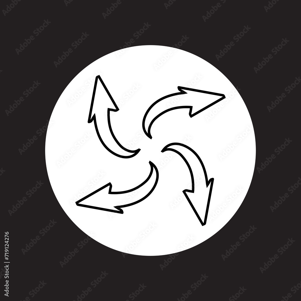 Outward arrow icon vector. Four Arrows logo design. Arrow pointing outward vector icon illustration in circle isolated on black background Outward arrow icon vector. Four Arrows logo design. Arrow pointing outward vector icon illustration in circle isolated on black background