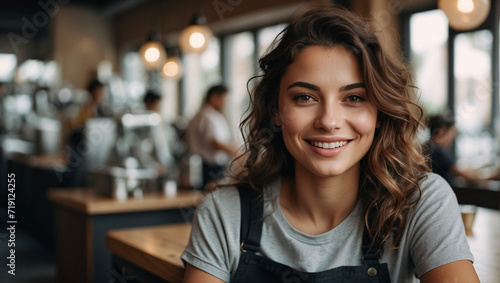 Young Italian girl in a cafe, woman employee working, independent student photo