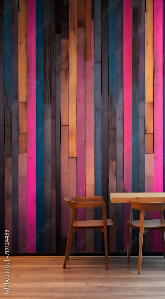 Wooden table and chairs in a room with a colorful wooden wall made of wooden slats.Minimal interior concept.Copy space,top view.Trendy social mockup or wallpaper