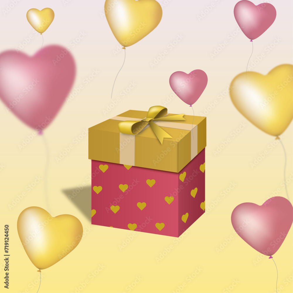gift box and heart shaped balloons