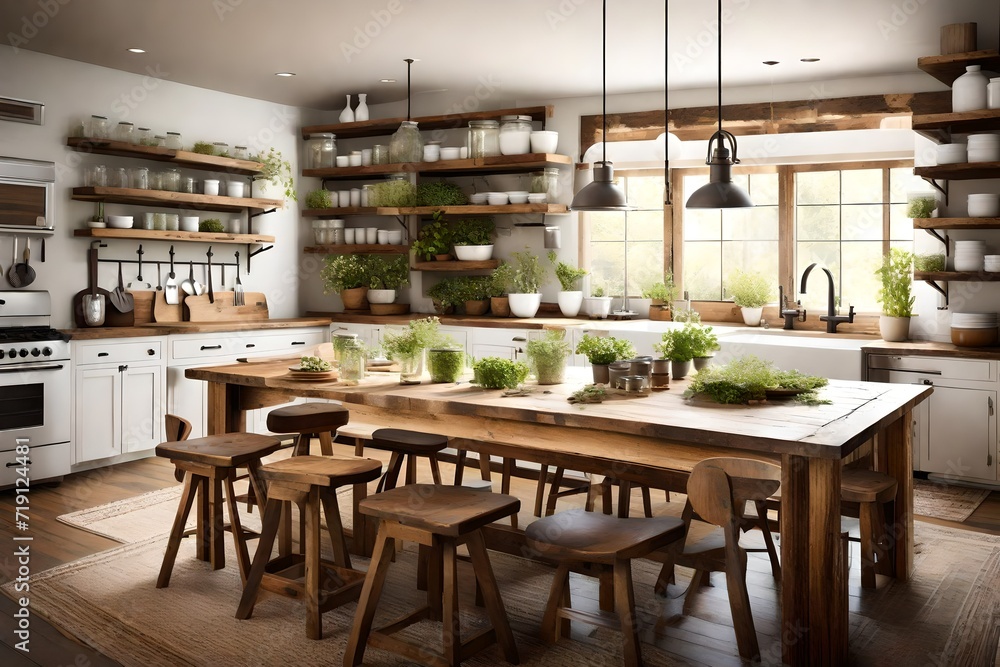 A rustic kitchen featuring a farmhouse sink, open shelving displaying mason jars filled with fresh herbs, and a large wooden dining table surrounded by mismatched chairs.