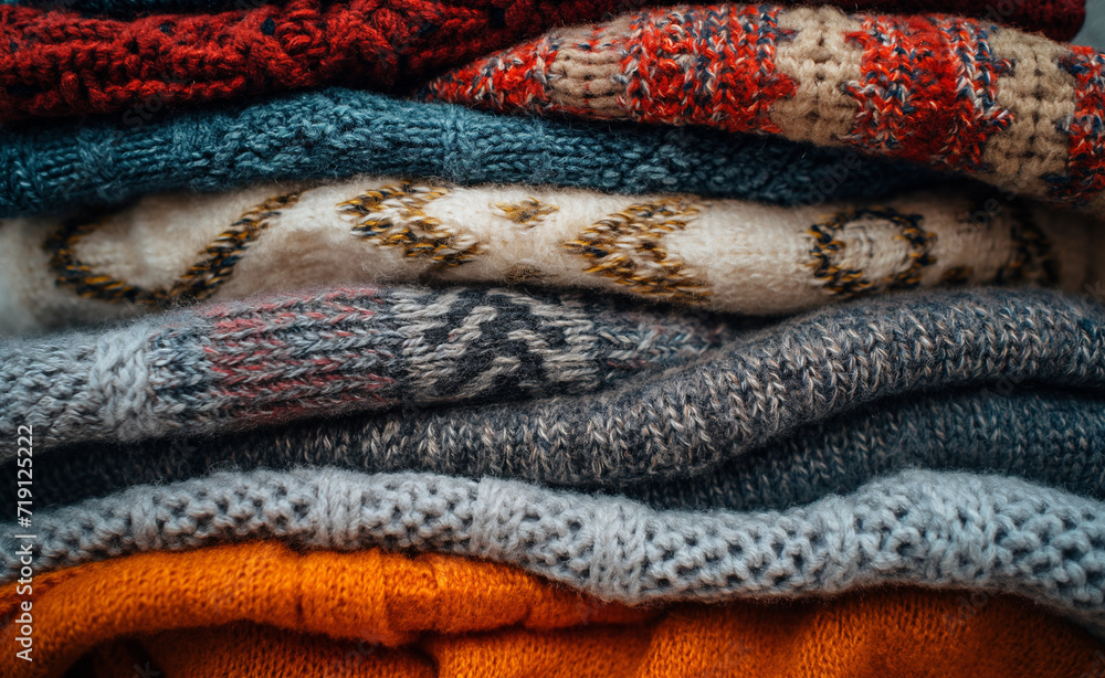 Winter Warmth: Pile of Hand-Knitted Clothes Background Winter Warmth: Pile of Hand-Knitted Clothes Background