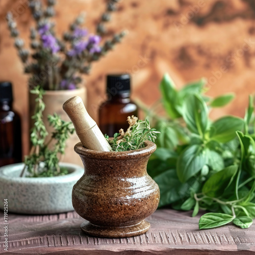 Herbalist-Themed Jar Mockup with Mortar and Herb Bundle
