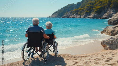 Senior man on wheelchair enjoying together time with his wife at sea. 