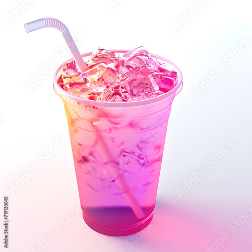 Plastic Cup with bright pink and purple liquid iced tea and straw on white background