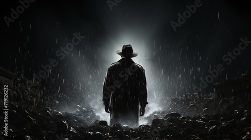 Noir Ambiance: Mysterious Figure Standing in a Bright Light