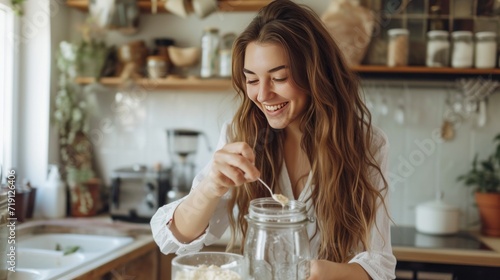 Smiling young woman taking spoon of soda lye from glass jar when making fragrant soap at home   