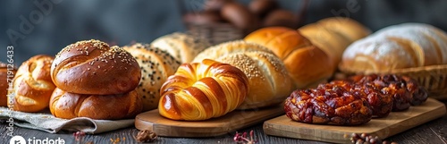 Golden-colored baked goods with a variety of toppings on a wooden stand in the cozy atmosphere of a bakery. Concept: culinary blog topics and bread and snack recipes photo