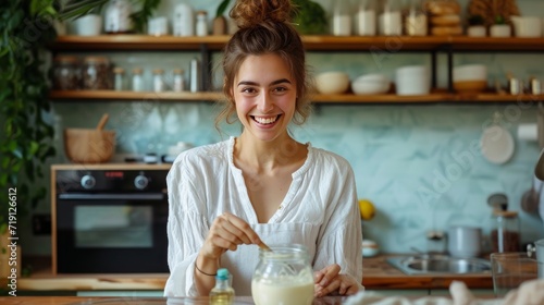 Smiling young woman taking spoon of soda lye from glass jar when making fragrant soap at home    photo