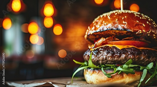 A hearty barbecue burger smothered in tangy sauce, piled high with crispy onion rings, and finished with a sprinkle of cheddar cheese.