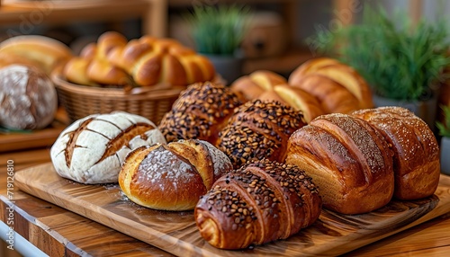 Freshly baked bread and rolls on the bakery counter, a rich selection for every taste. Concept: aromatic baked goods, gluten and lactose free