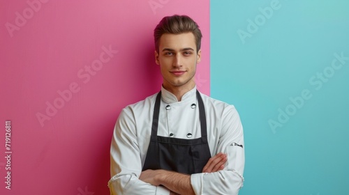 minimalist vivid advertisment background with handsome waiter and copy space