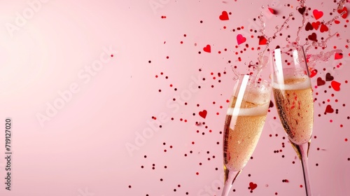 Two clinking champagne glasses with splash of red heart shaped confetti over pink background. Overhead view, copy space. Valentine's Day concept 