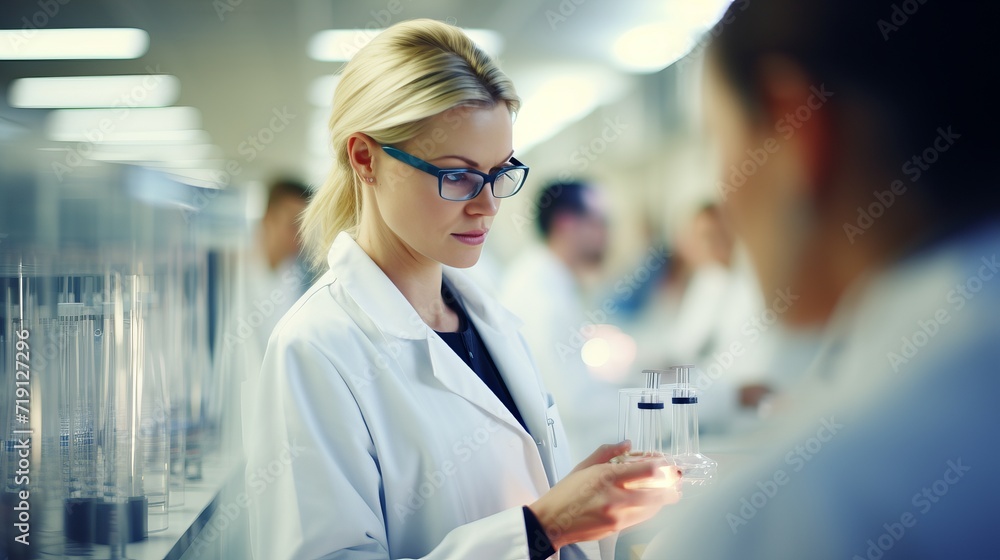 Young woman scientist leading team in modern lab with blurred background copy space available Young woman scientist leading team in modern lab with blurred background copy space available