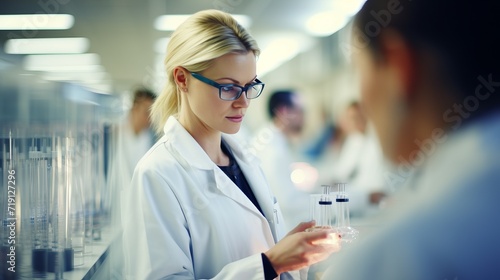 Young woman scientist leading team in modern lab with blurred background  copy space available