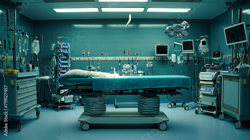 High-Tech Hospital Operating Room, Modern Surgical Equipment and Sterile Medical Environment photo
