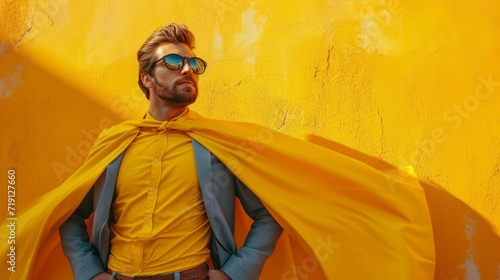 minimalist vivid advertisment background with handsome suprhero and copy space