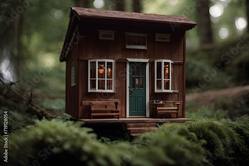 Front view of tiny house figure on forest background © W2GO