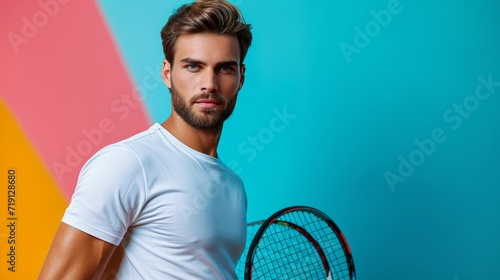 minimalist vivid advertisment background with handsome tennis player and copy...