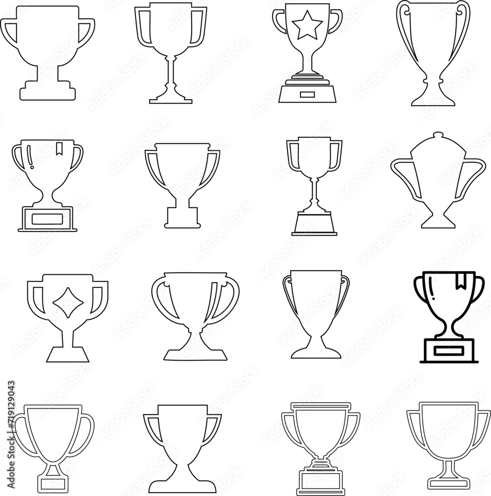 Trophy vector set, cup outline style on white background. Collection of award icons, winner symbols, achievement illustrations. Perfect for web design, mobile apps, presentations Trophy vector set, cup outline style on white background. Collection of award icons, winner symbols, achievement illustrations. Perfect for web design, mobile apps, presentations