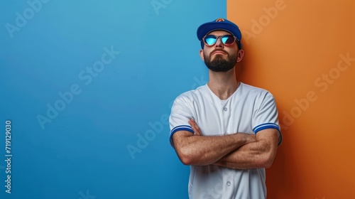 minimalist vivid advertisment background with handsome baseball player and co...