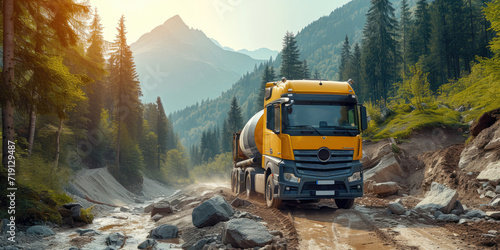 Cement truck machine at sunset photo