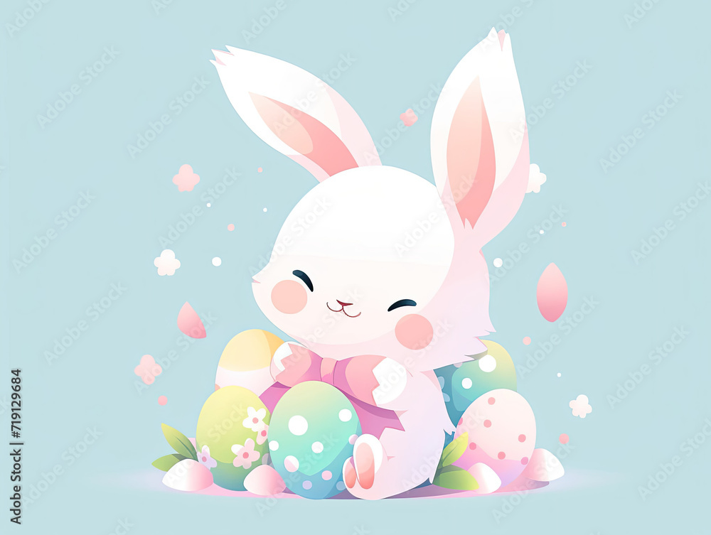 Cute Bunny Sitting in Pile of Easter Eggs Cute Bunny Sitting in Pile of Easter Eggs